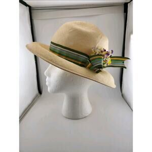 Vintage Fabiani Straw Hat Wide Brim Ribbon Bow Floral Accent 21 in Circumference